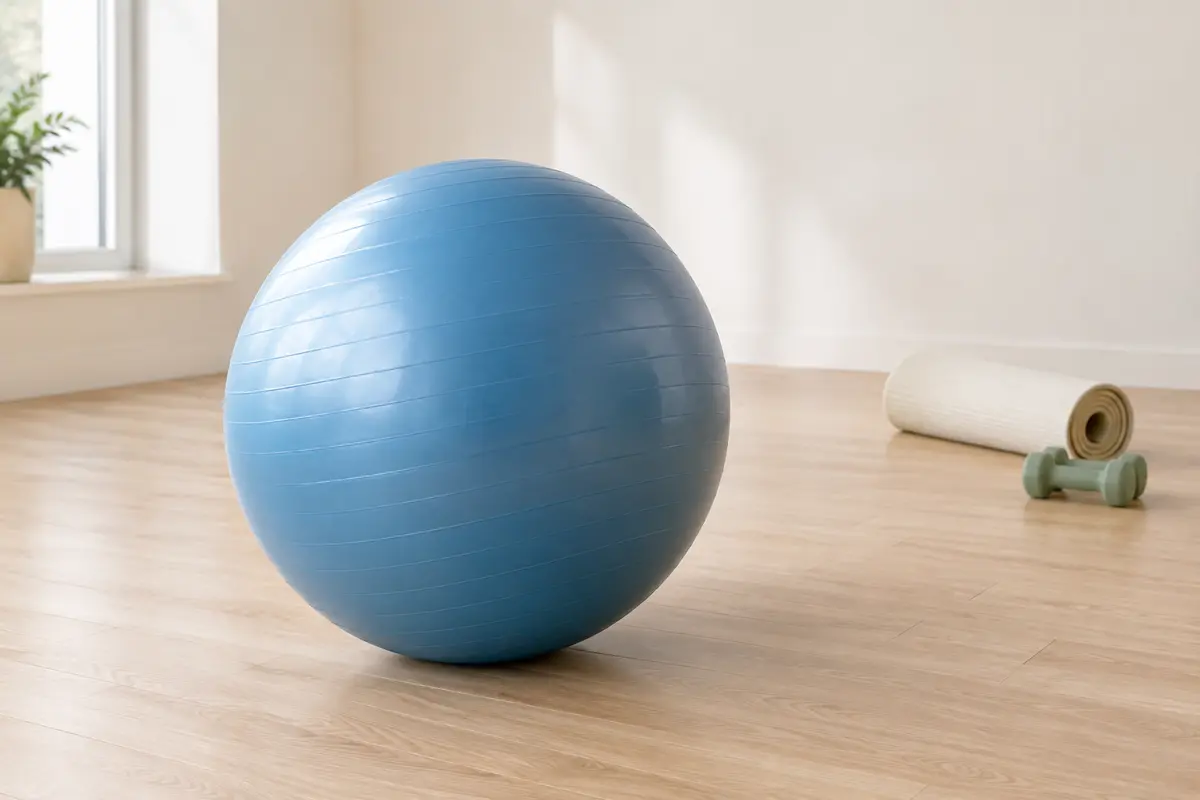 Ballon de gymnastique bleu de 65 cm posé dans un studio lumineux au sol en bois clair
