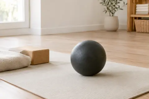 Mini ballon de Pilates noir à surface mate posé sur un tapis clair dans un studio lumineux