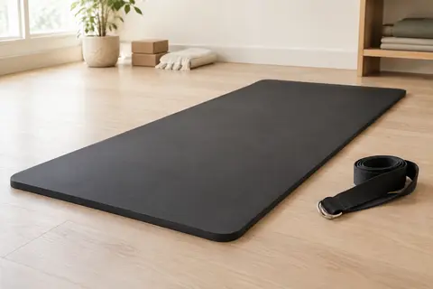 Tapis de yoga noir épais en mousse NBR déroulé dans un studio lumineux au sol en bois clair