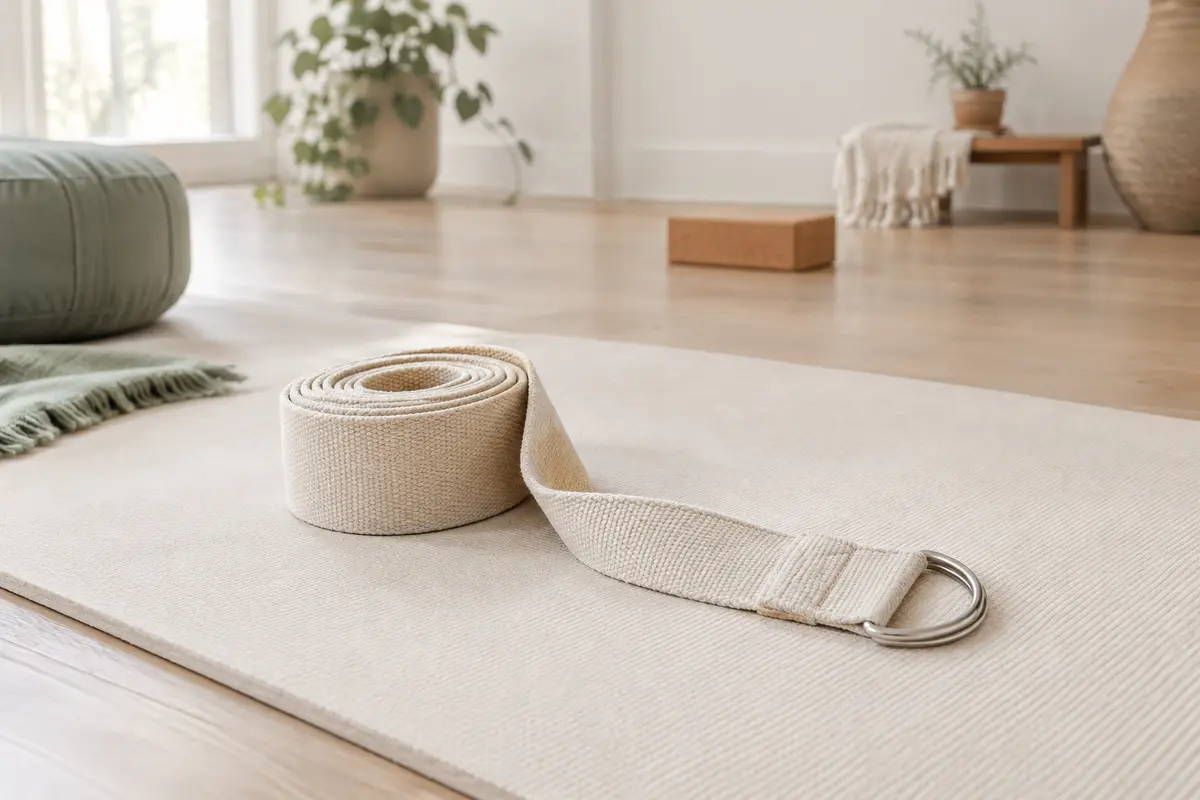 Sangle de yoga en coton beige avec boucle métallique en D posée sur un tapis écru