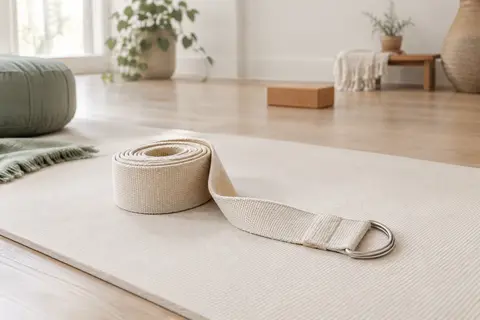 Sangle de yoga en coton beige avec boucle métallique en D posée sur un tapis écru