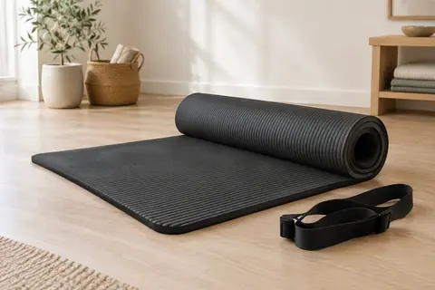 Tapis de yoga noir en mousse épaisse nervurée, partiellement déroulé avec sa sangle sur un sol en bois clair.