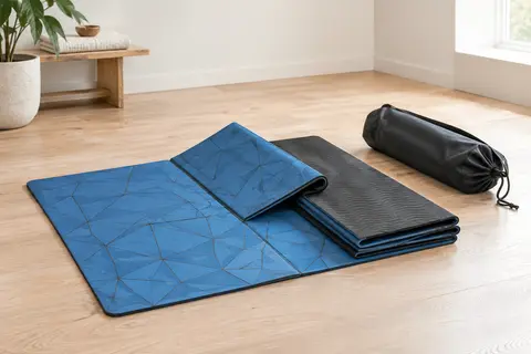 Tapis de yoga pliable bleu et noir aux deux faces texturées, présenté avec son sac dans un studio lumineux