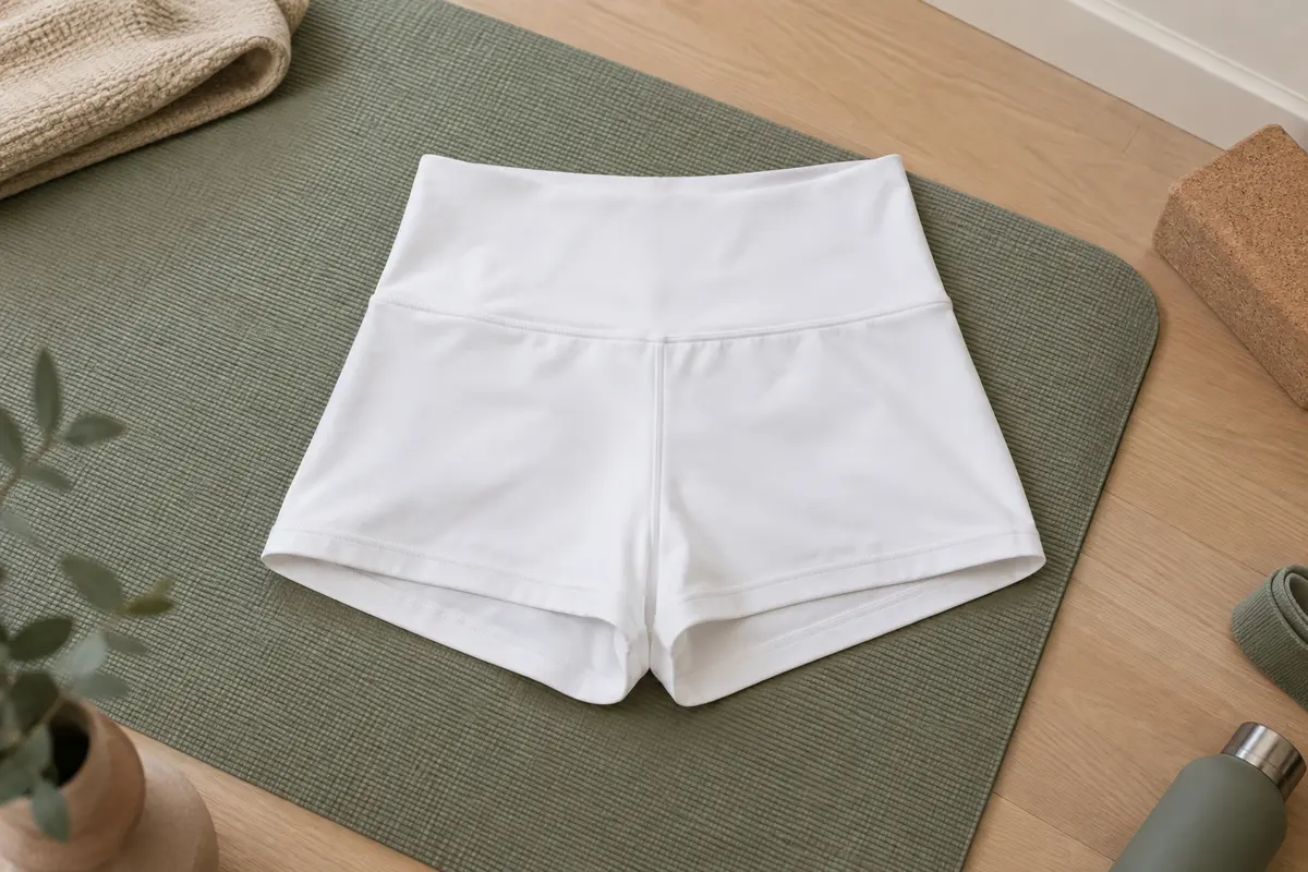 Shorty de yoga blanc à taille haute, en nylon uni, présenté à plat dans un studio lumineux.