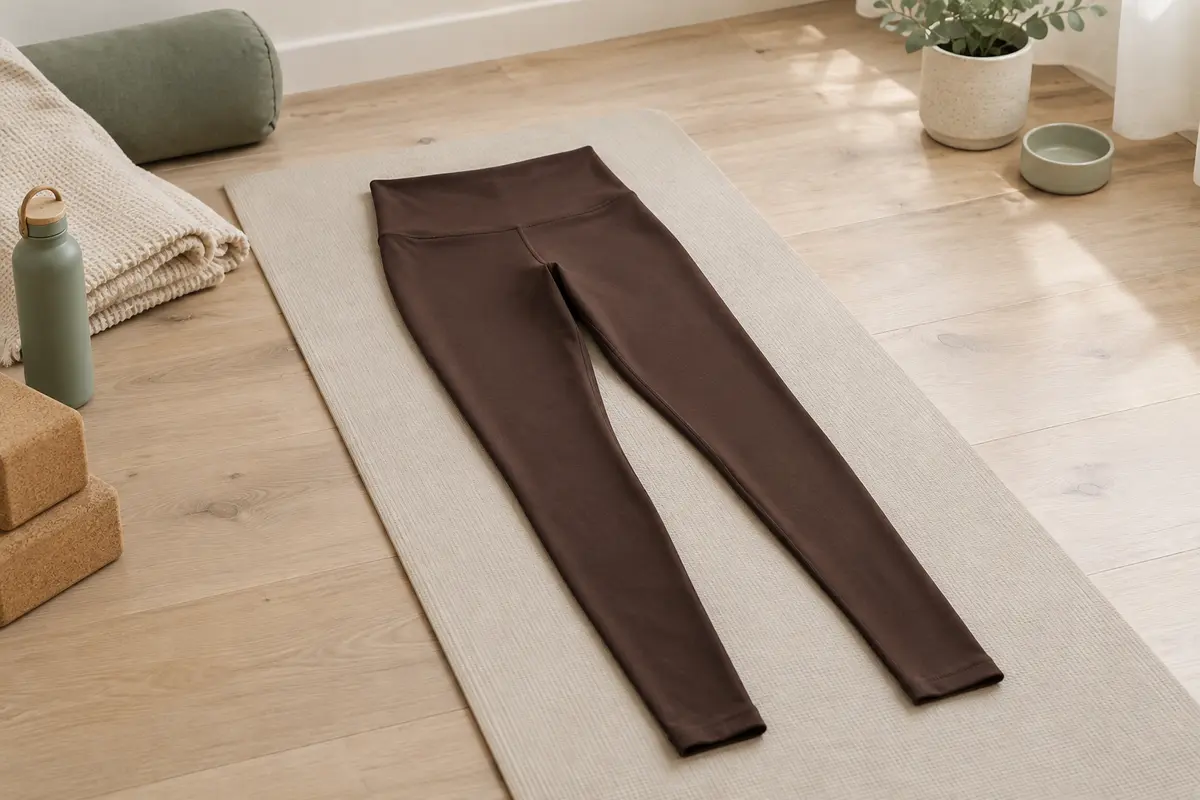 Legging de yoga marron uni à taille haute et jambes fuselées, présenté sur un tapis clair en studio