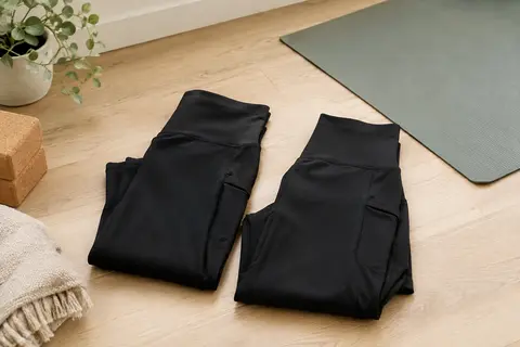 Deux leggings longs noirs à taille haute et poches latérales, pliés dans un studio de yoga lumineux.