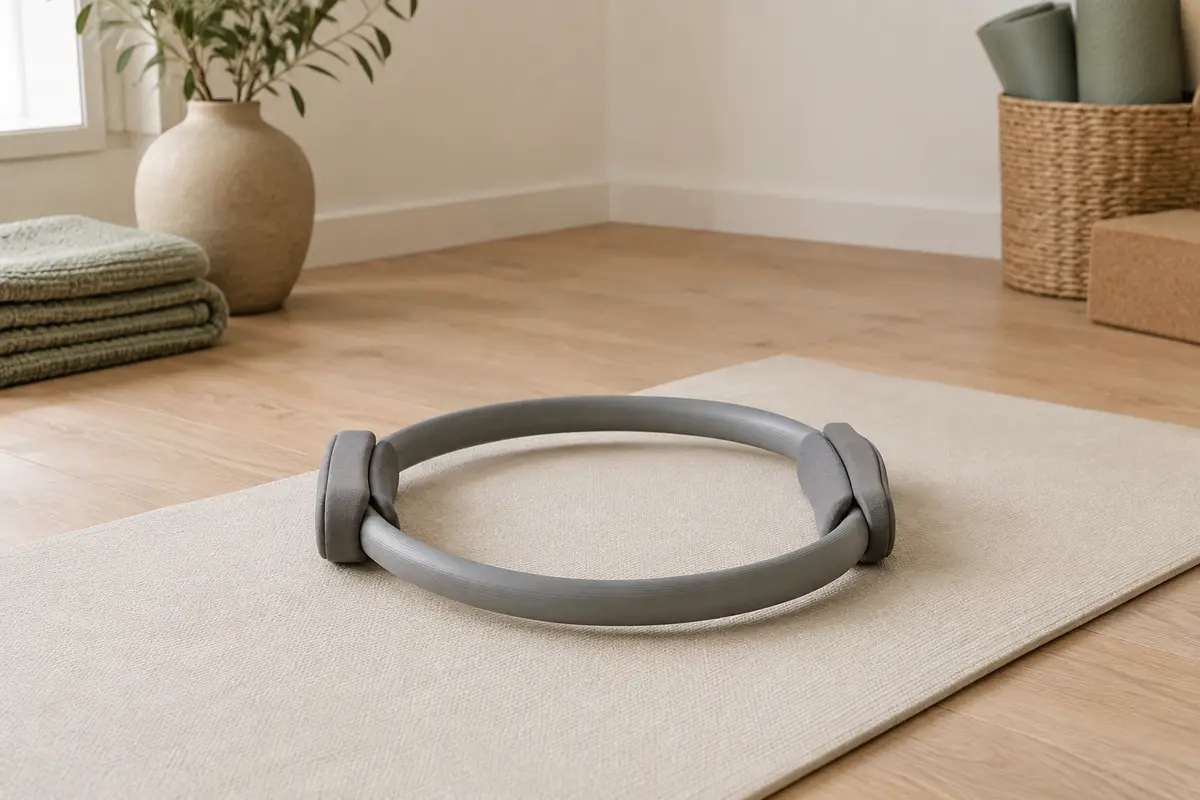 Anneau de Pilates gris en fibre de verre avec deux coussinets souples, posé sur un tapis écru dans un studio lumineux
