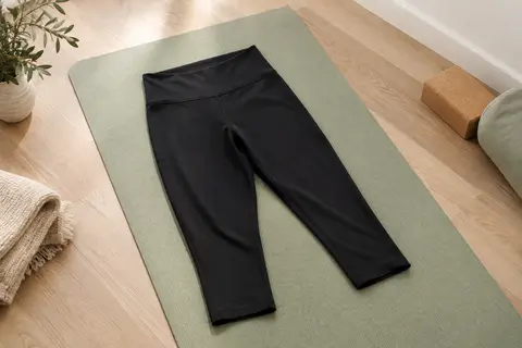 Legging corsaire noir à taille haute disposé sur un tapis sauge dans un studio lumineux.