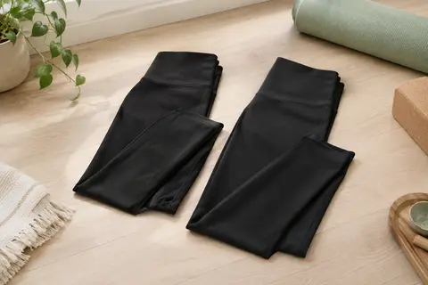 Deux leggings noirs taille haute en textile extensible, disposés dans un studio lumineux au sol en bois clair.