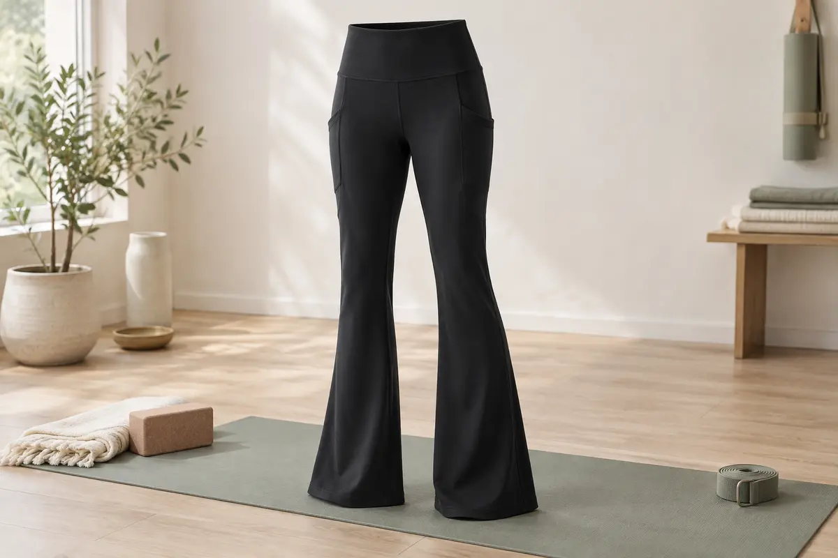 Pantalon de yoga noir bootcut à taille haute et quatre poches, posé sur un tapis dans un studio lumineux.