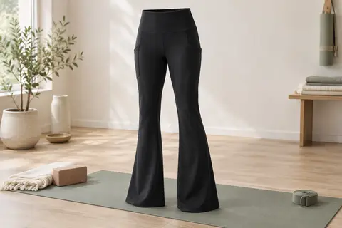 Pantalon de yoga noir bootcut à taille haute et quatre poches, posé sur un tapis dans un studio lumineux.