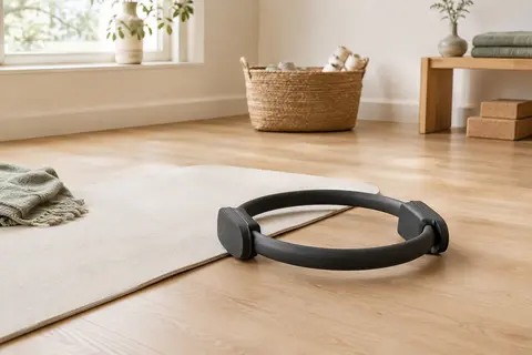 Cercle de Pilates noir avec coussinets posé près d’un tapis dans un studio au sol en bois clair.