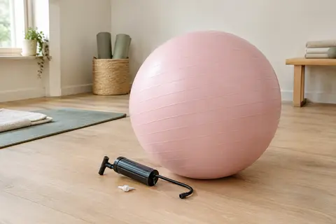 Ballon de Pilates rose clair de 65 cm avec pompe, posé sur un sol en bois clair dans un studio lumineux.