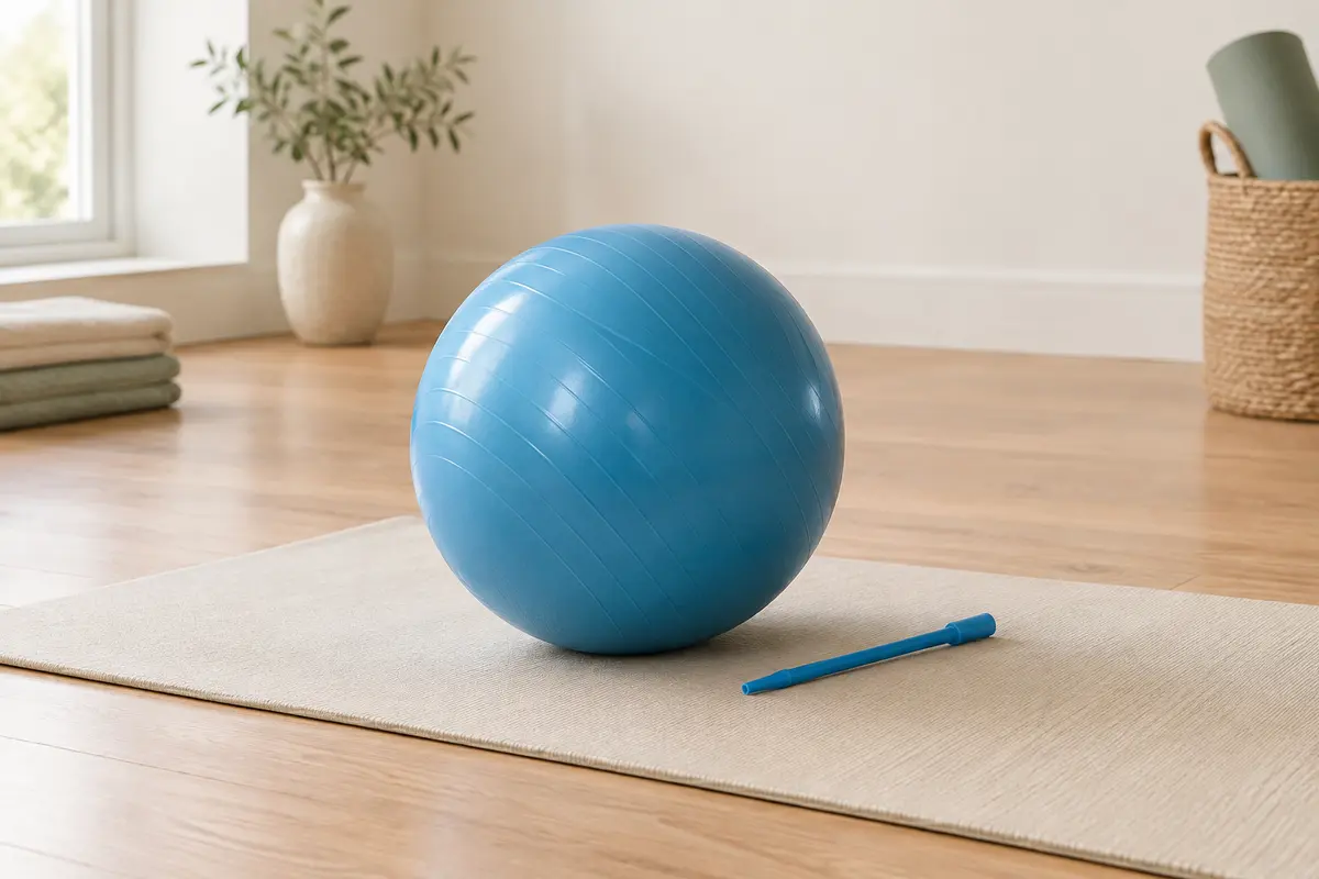 Petit ballon de Pilates bleu lac avec sa paille de gonflage, posé sur un tapis dans un studio lumineux.