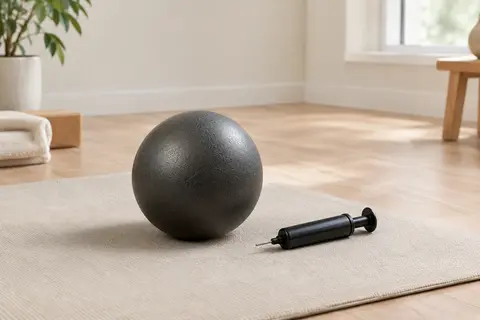 Petit ballon de Pilates noir à surface texturée, accompagné de sa pompe, posé sur un tapis écru.