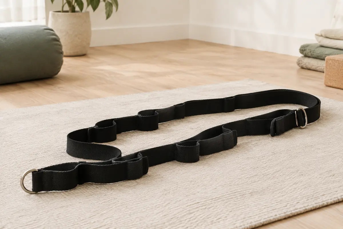 Sangle de yoga noire en coton avec dix boucles et anneaux en D, posée sur un tapis écru