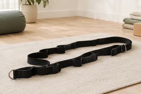 Sangle de yoga noire en coton avec dix boucles et anneaux en D, posée sur un tapis écru