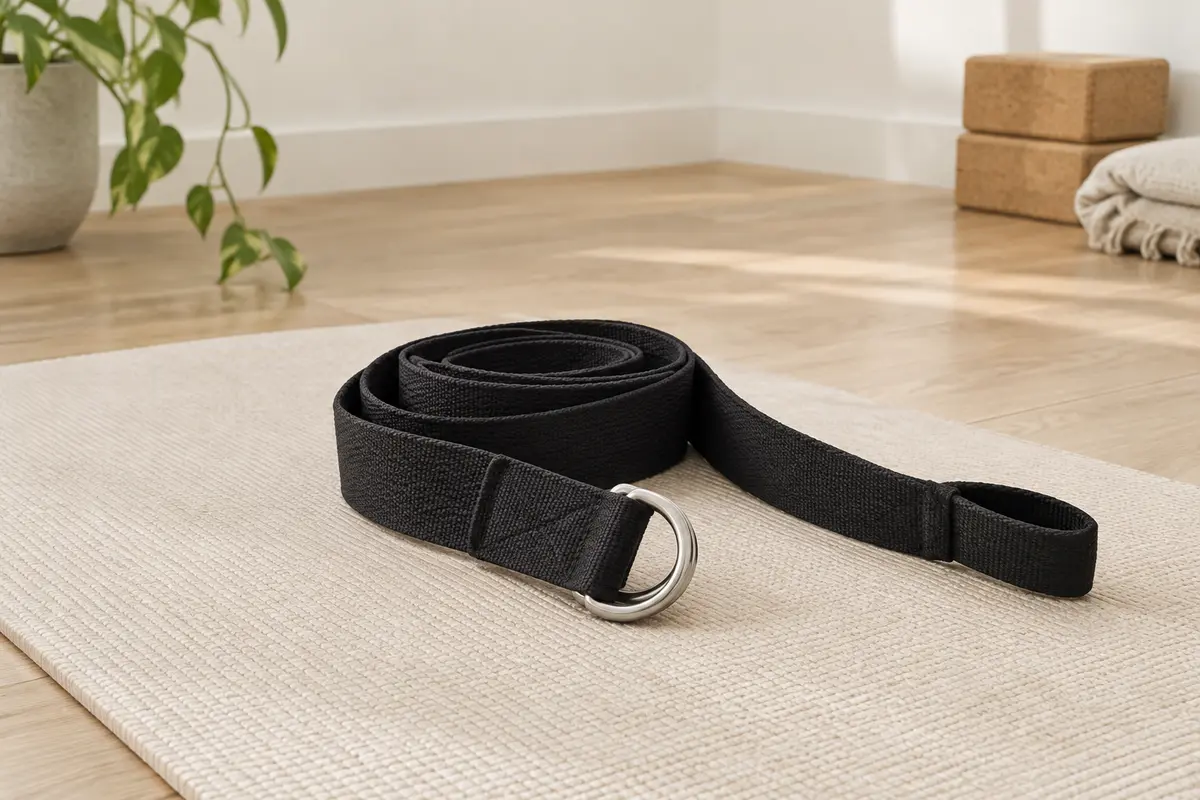 Sangle de yoga noire en polyester, pliée près de ses boucles métalliques en D dans un studio lumineux.