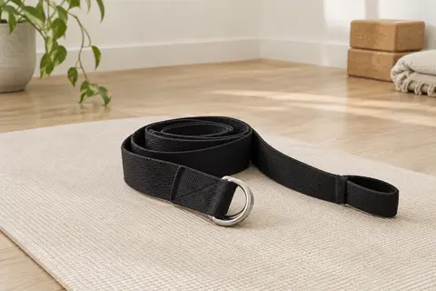 Sangle de yoga noire en polyester, pliée près de ses boucles métalliques en D dans un studio lumineux.