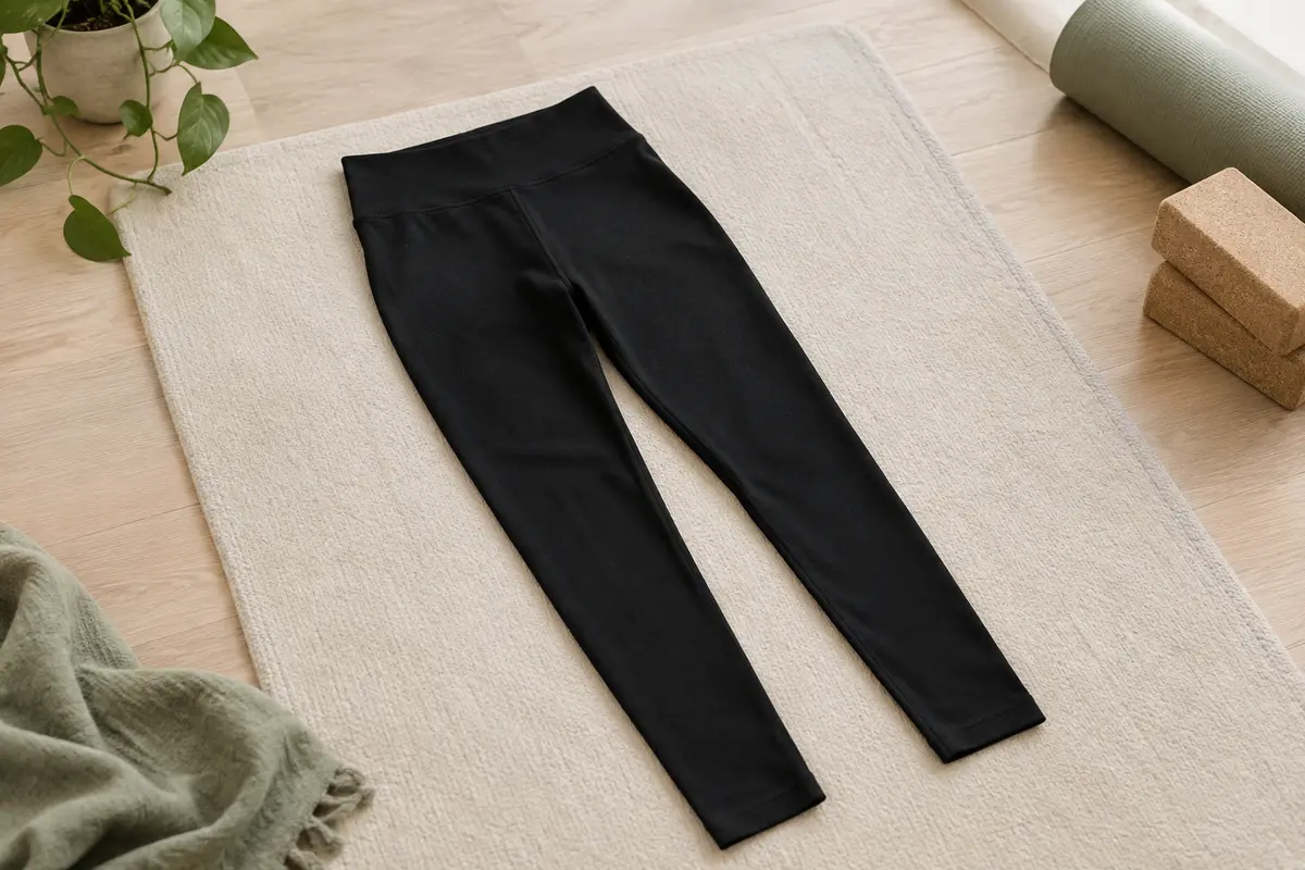Legging noir uni à taille haute posé à plat sur un tapis écru dans un studio lumineux