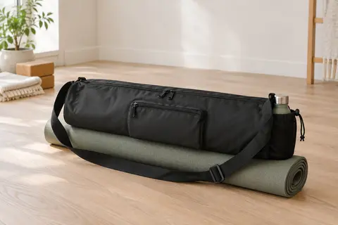 Sac de tapis de yoga noir avec bandoulière réglable, poche à cordon et rangements zippés