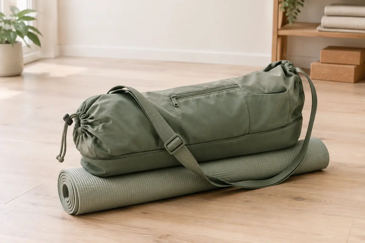 Sac de yoga vert avec bandoulière réglable, poche pour bouteille et compartiment humide séparé
