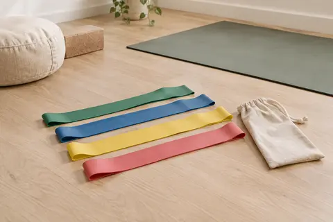 Quatre bandes élastiques de résistance multicolores disposées avec leur sac dans un studio lumineux