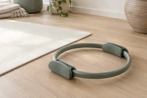 Anneau de Pilates Sveltus avec poignées en mousse EVA, posé dans un studio clair près d’un tapis.