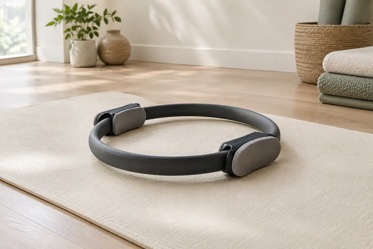 Anneau de Pilates noir et gris avec poignées en mousse EVA posé sur un tapis écru