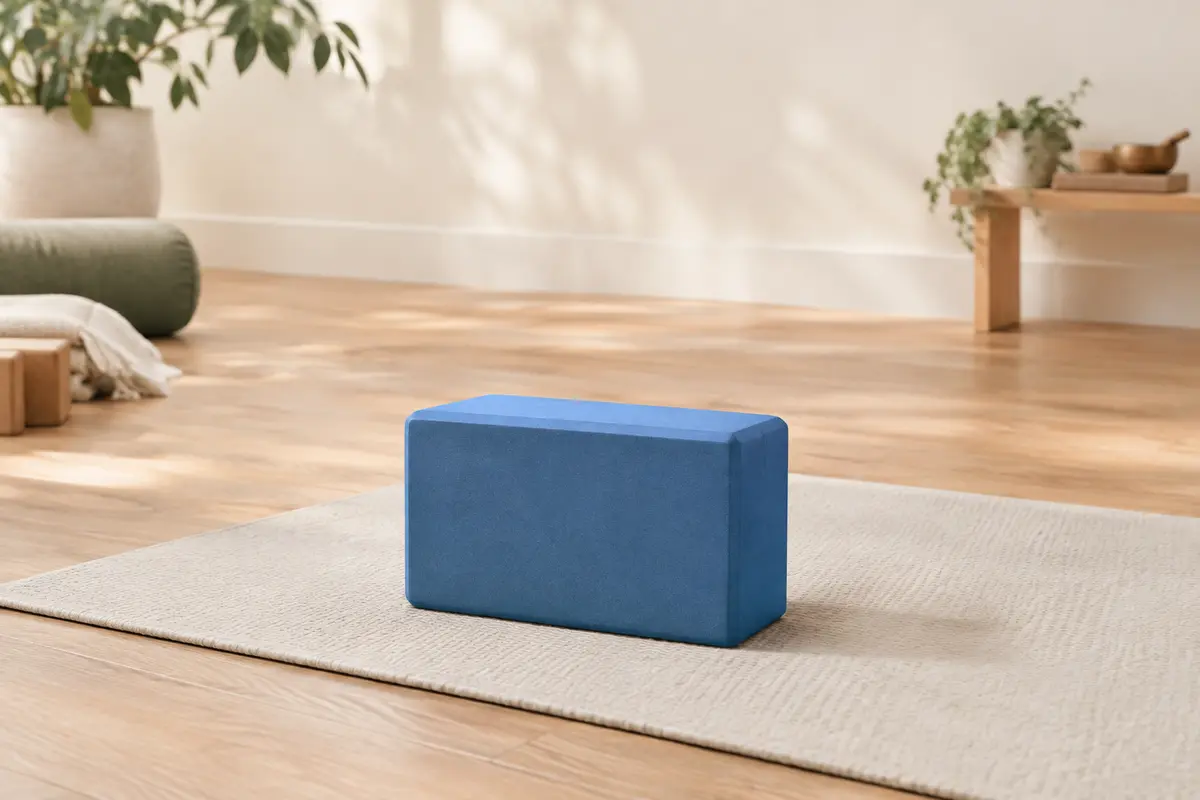 Brique de yoga Sveltus en mousse EVA bleue posée sur un tapis dans un studio lumineux