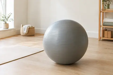 Gymball Sveltus grise en PVC posée sur un sol en bois clair dans un studio lumineux