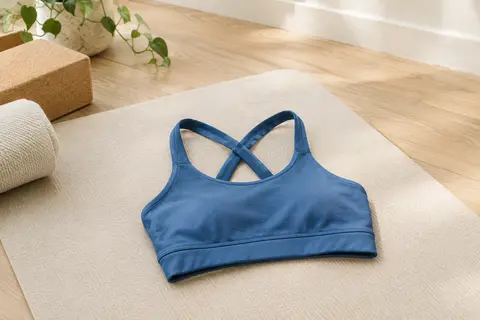 Brassière de sport bleue à bretelles croisées, posée sur un tapis dans un studio lumineux.