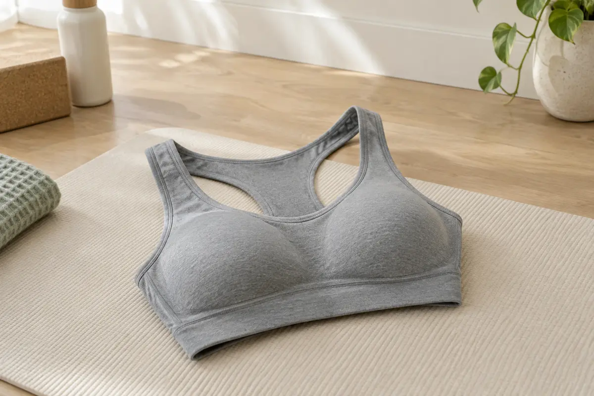 Brassière de sport grise à dos nageur et larges bretelles, posée sur un tapis dans un studio clair.