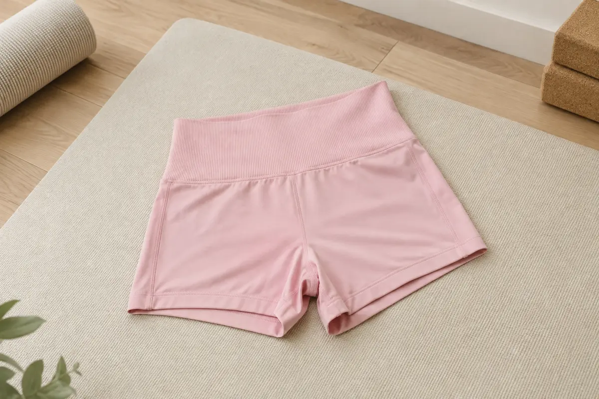 Short de sport rose clair à taille haute côtelée et couture froncée, posé sur un tapis écru