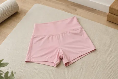 Short de sport rose clair à taille haute côtelée et couture froncée, posé sur un tapis écru