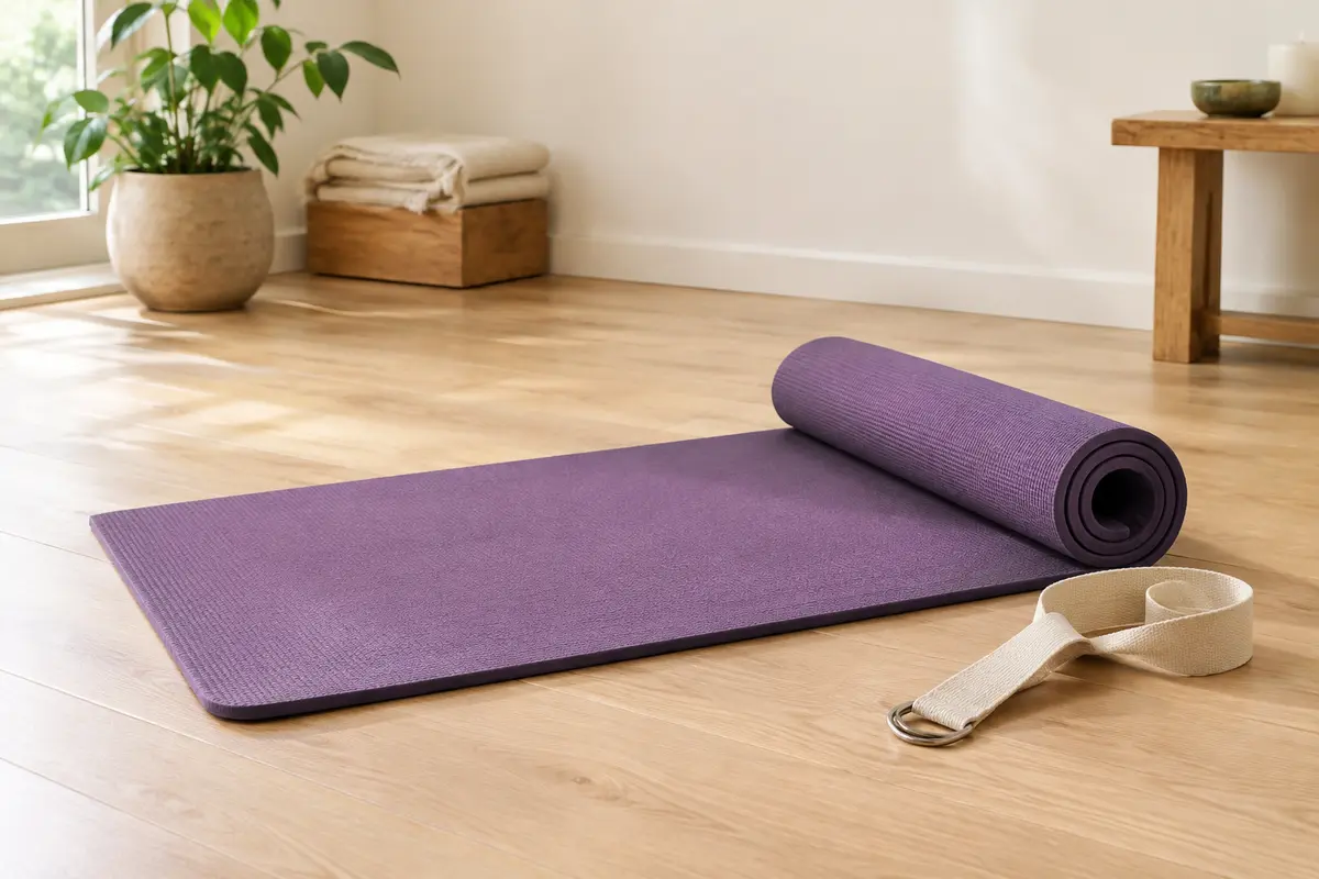 Tapis de yoga violet TechFit à surface texturée, partiellement roulé avec sa sangle sur un sol en bois clair.