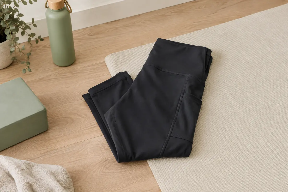 Legging capri noir à taille haute et poches latérales, présenté dans un studio de yoga lumineux