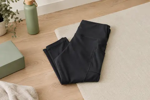 Legging capri noir à taille haute et poches latérales, présenté dans un studio de yoga lumineux
