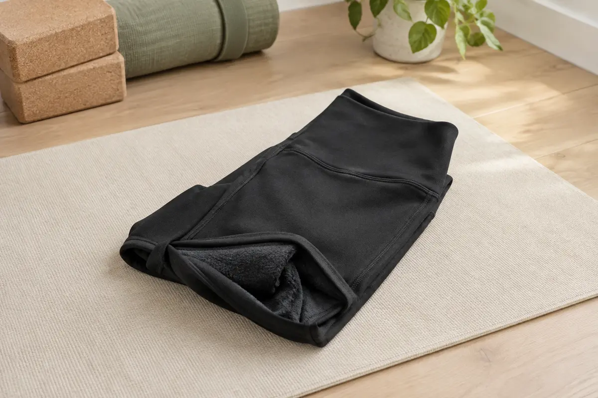 Legging thermique noir à taille haute, plié sur un tapis écru dans un studio lumineux.