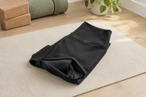 Legging thermique noir à taille haute, plié sur un tapis écru dans un studio lumineux.