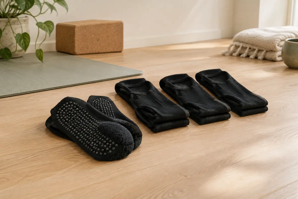 Quatre paires de chaussettes de yoga noires, avec picots antidérapants visibles sous les semelles, posées sur un tapis.