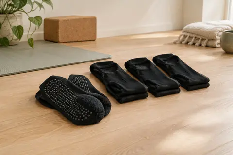 Quatre paires de chaussettes de yoga noires, avec picots antidérapants visibles sous les semelles, posées sur un tapis.