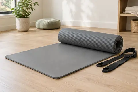Tapis de yoga gris en mousse NBR, partiellement roulé avec sa sangle, posé sur un sol en bois clair.