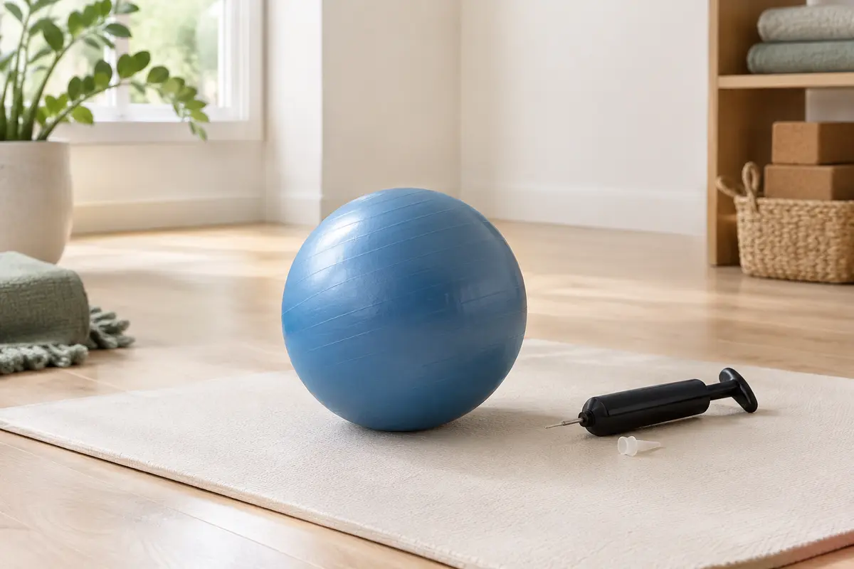 Mini ballon de Pilates bleu posé sur un tapis écru dans un studio lumineux au sol en bois clair.