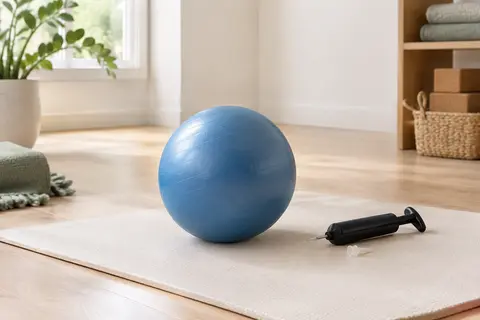 Mini ballon de Pilates bleu posé sur un tapis écru dans un studio lumineux au sol en bois clair.