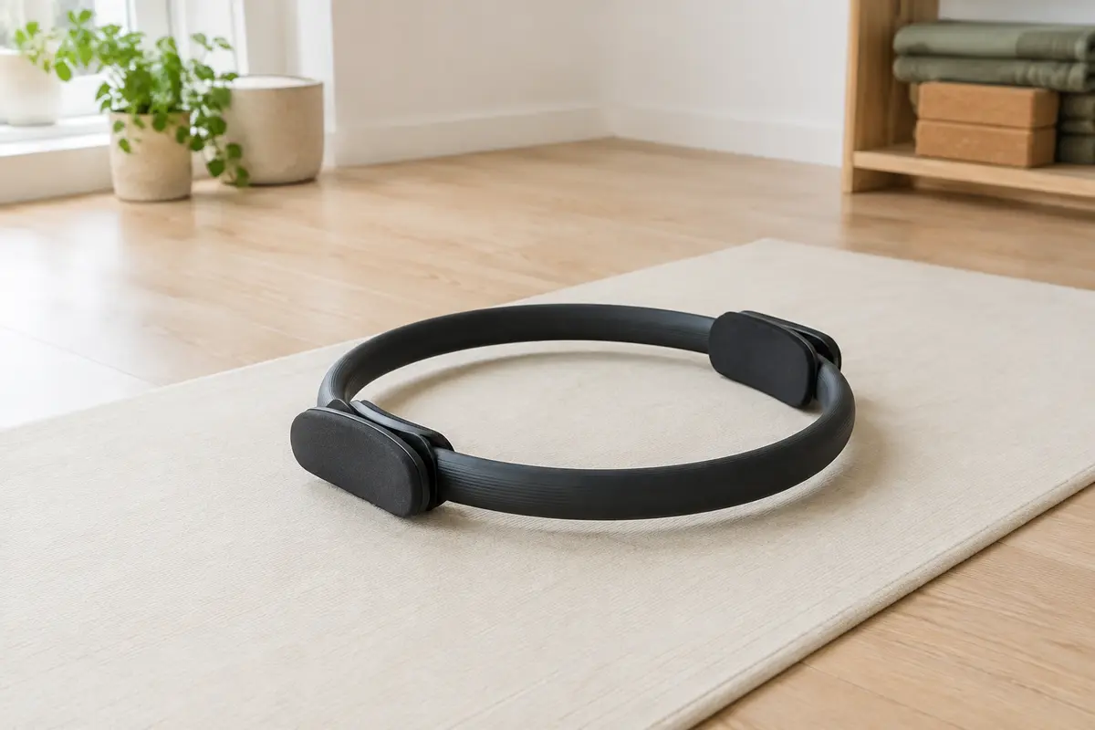 Anneau de Pilates noir en PVC avec deux poignées rembourrées posé sur un tapis dans un studio clair