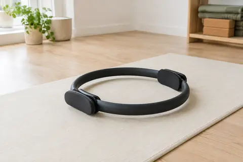 Anneau de Pilates noir en PVC avec deux poignées rembourrées posé sur un tapis dans un studio clair