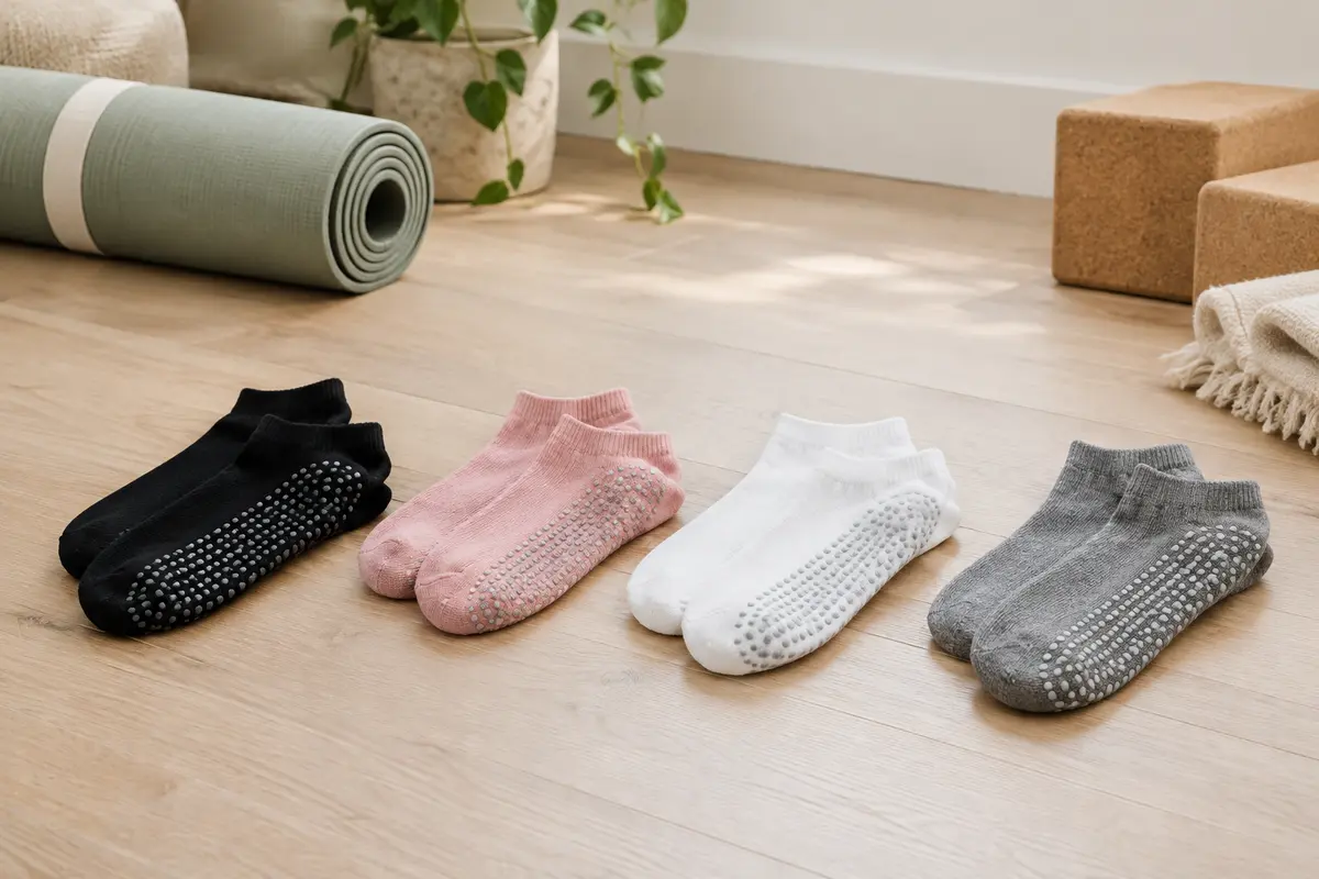 Quatre paires de chaussettes en coton avec points en silicone sous la semelle, posées sur un sol en bois clair.