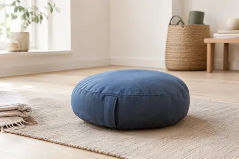 Coussin de méditation rond bleu avec poignée, posé sur un tapis dans un studio lumineux au sol en bois clair.