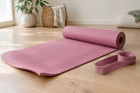 Tapis de yoga rose strié déroulé sur un sol en bois clair, avec sa sangle de transport posée à côté